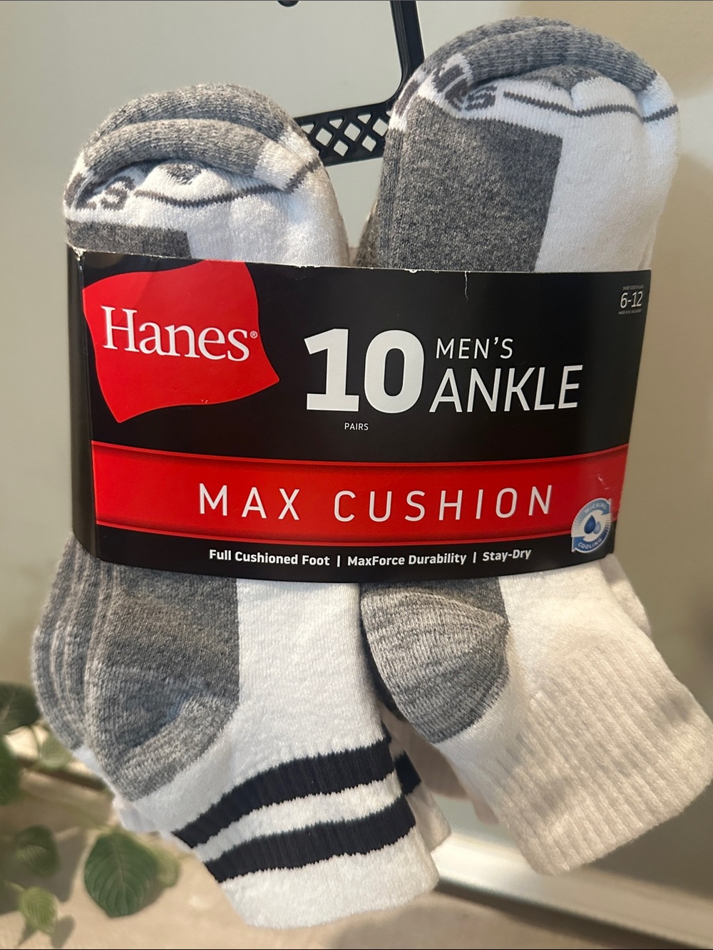 Hanes Men’s White, Gray & Black Ankle Socks - Max Cushion (10 Pack)